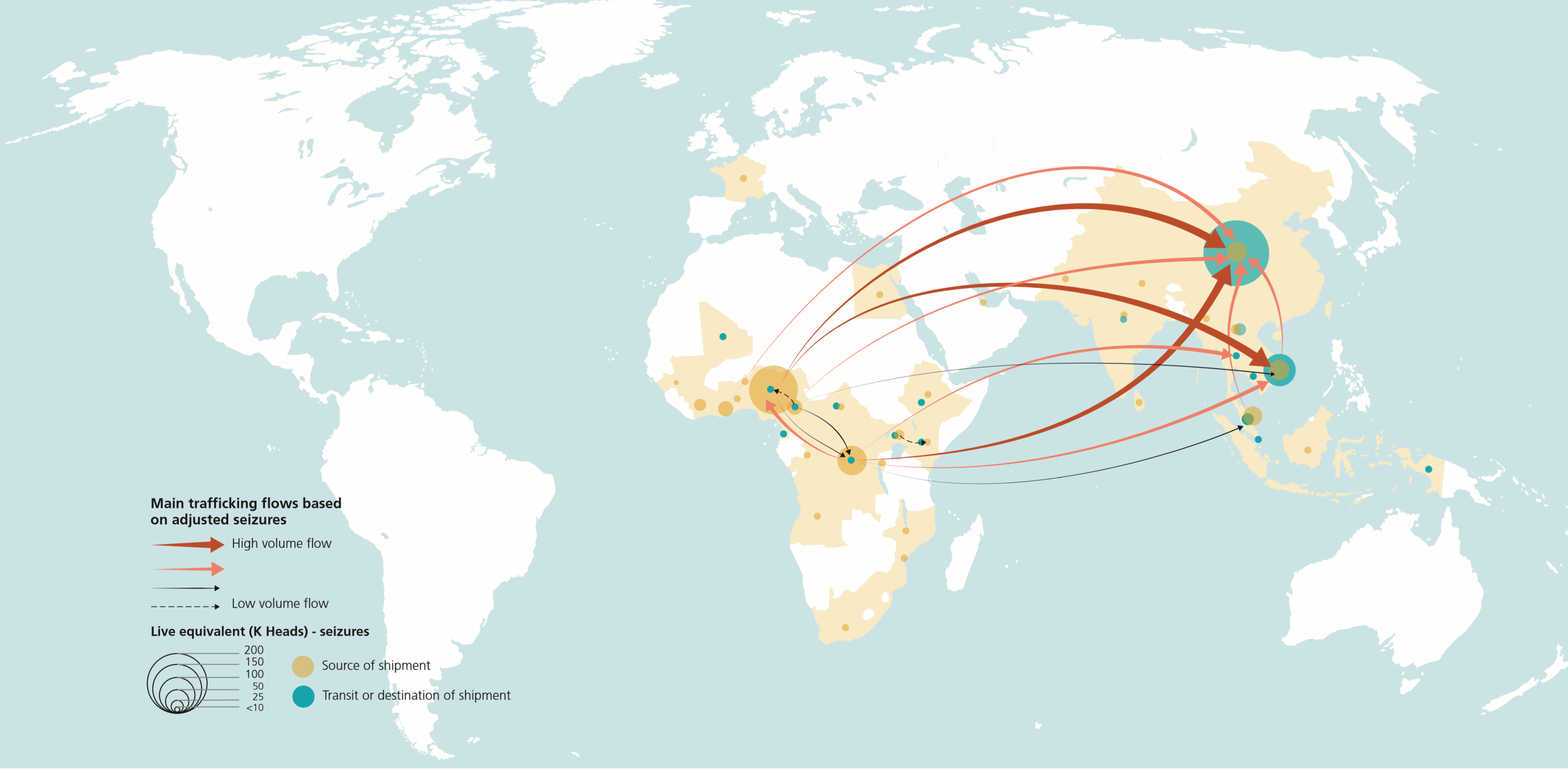 UNODC-World-WISE-Main trafficking flows and reported origins/destinations of seized pangolin scales (2007-2018) WWCR2020 - Wildlife Crime Pangolin